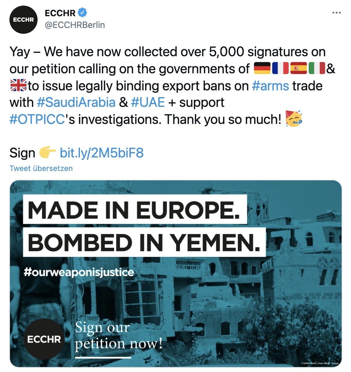 ECCHR KAMPAGNE PETITION Made in Europe Bombed in Yemen DIGITAL DONATION REBELKO MARKETING DESIGN KONZEPT AGENTUR AACHEN ADVERT SOCIAL MEDIA INSTAGRAM POST TWITTER 3